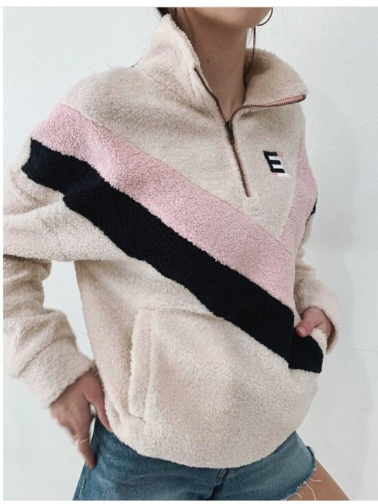 Ellandemm Tops - EllandEmm Colorblock Sherpa Pullover Cream Pink Black Quarter Zip Size L NWT
